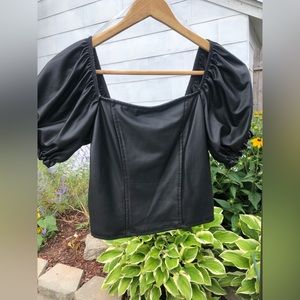 Black pleather balloon short sleeve top